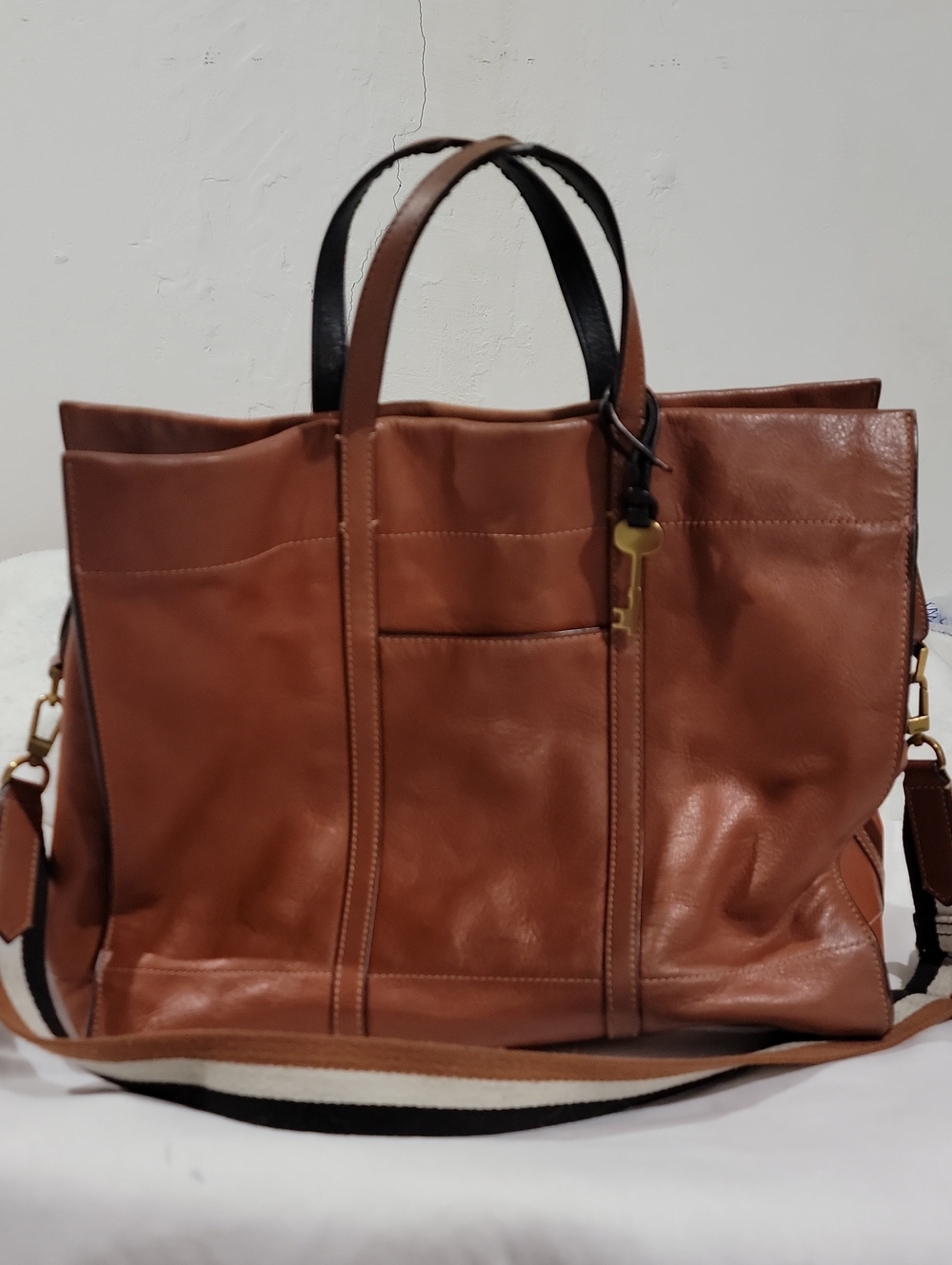 Fossil Carmen Shopper Tote Cognac Leather Tote with Striped Removable Strap